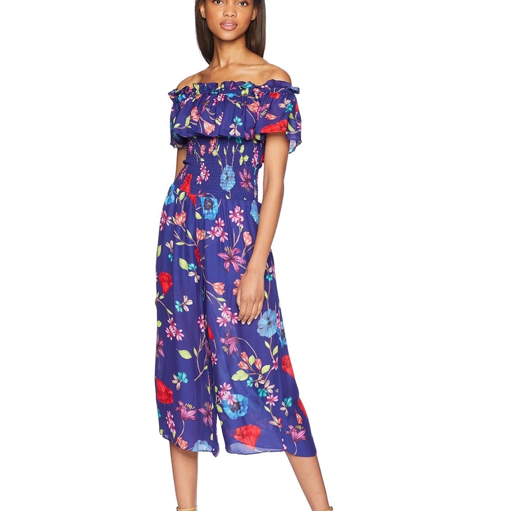 Parker Janice Floral Off The Shoulder Silk Blend Wide Leg Jumpsuit Women's sz 4